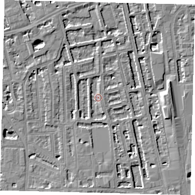 Shaded relief map of the ground around W60PB, computed from Environment Agency LiDAR. The ground here sits at about 4 m above sea level and falls 8 m across the surrounding 800 m. Surface water reaching this point runs off ground lying to the north-west, 2.9 m higher.