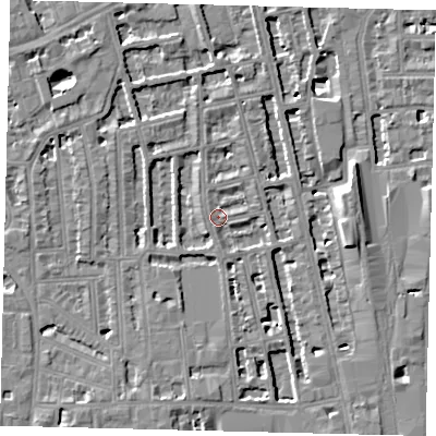 Shaded relief map of the ground around W60PF, computed from Environment Agency LiDAR. The ground here sits at about 4 m above sea level and falls 8 m across the surrounding 800 m. Surface water reaching this point runs off ground lying to the east-north-east, 1.9 m higher.