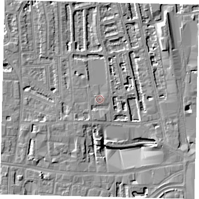 Shaded relief map of the ground around W60PG, computed from Environment Agency LiDAR. The ground here sits at about 5 m above sea level and falls 8 m across the surrounding 800 m. Surface water reaching this point runs off ground lying to the south, 1.6 m higher.