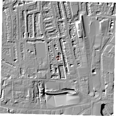 Shaded relief map of the ground around W60PH, computed from Environment Agency LiDAR. The ground here sits at about 3 m above sea level and falls 8 m across the surrounding 800 m. Surface water reaching this point runs off ground lying to the south-south-west, 7.8 m higher.