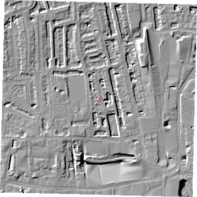 Shaded relief map of the ground around W60PJ, computed from Environment Agency LiDAR. The ground here sits at about 4 m above sea level and falls 8 m across the surrounding 800 m. Surface water reaching this point runs off ground lying to the south-south-west, 7.8 m higher.