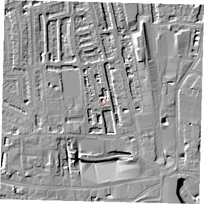 Shaded relief map of the ground around W60PL, computed from Environment Agency LiDAR. The ground here sits at about 3 m above sea level and falls 8 m across the surrounding 800 m. Surface water reaching this point runs off ground lying to the south-south-west, 7.8 m higher.