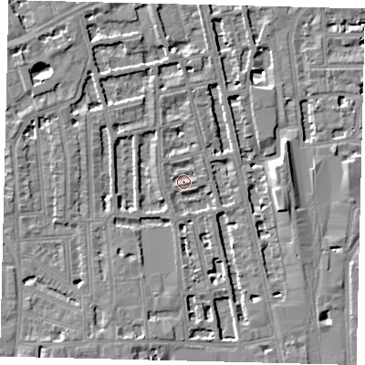 Shaded relief map of the ground around W60PN, computed from Environment Agency LiDAR. The ground here sits at about 4 m above sea level and falls 8 m across the surrounding 800 m. Surface water reaching this point runs off ground lying to the east-north-east, 1.9 m higher.