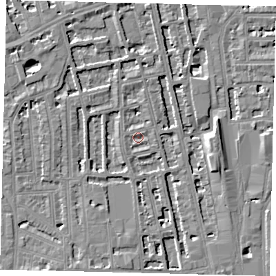 Shaded relief map of the ground around W60PQ, computed from Environment Agency LiDAR. The ground here sits at about 4 m above sea level and falls 8 m across the surrounding 800 m. Surface water reaching this point runs off ground lying to the east, 1.4 m higher.
