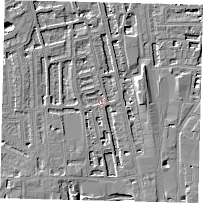 Shaded relief map of the ground around W60PW, computed from Environment Agency LiDAR. The ground here sits at about 3 m above sea level and falls 8 m across the surrounding 800 m. Surface water reaching this point runs off ground lying to the north, 2.3 m higher.