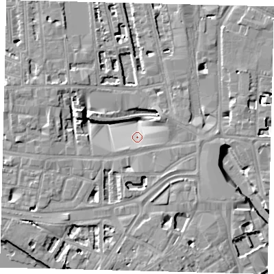 Shaded relief map of the ground around W60PZ, computed from Environment Agency LiDAR. The ground here sits at about 3 m above sea level and falls 8 m across the surrounding 800 m. Surface water reaching this point runs off ground lying to the east-south-east, 5.5 m higher.