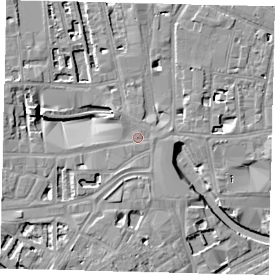 Shaded relief map of the ground around W60QA, computed from Environment Agency LiDAR. The ground here sits at about 5 m above sea level and falls 8 m across the surrounding 800 m. Surface water reaching this point runs off ground lying to the east, 1.2 m higher.