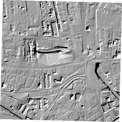 Shaded relief map of the ground around W60QB, computed from Environment Agency LiDAR. The ground here sits at about 4 m above sea level and falls 8 m across the surrounding 800 m. Surface water reaching this point runs off ground lying to the east-south-east, 4.2 m higher.
