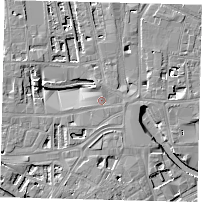 Shaded relief map of the ground around W60QD, computed from Environment Agency LiDAR. The ground here sits at about 5 m above sea level and falls 8 m across the surrounding 800 m. Surface water reaching this point runs off ground lying to the east, 1.6 m higher.