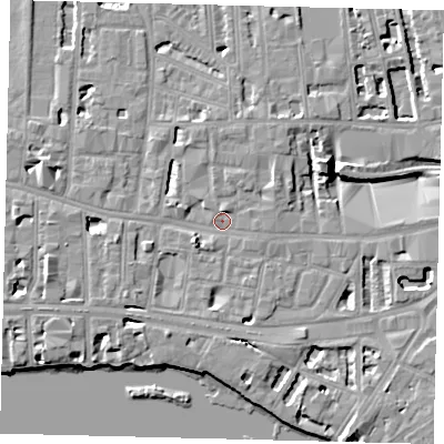 Shaded relief map of the ground around W60QE, computed from Environment Agency LiDAR. The ground here sits at about 5 m above sea level and falls 8 m across the surrounding 800 m. Surface water reaching this point runs off ground lying to the south-west, 2.4 m higher.