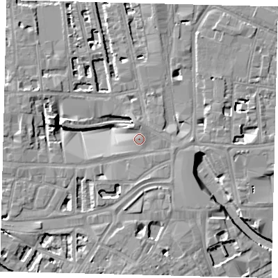 Shaded relief map of the ground around W60QL, computed from Environment Agency LiDAR. The ground here sits at about 5 m above sea level and falls 8 m across the surrounding 800 m. Surface water reaching this point runs off ground lying to the south-east, 4.1 m higher.
