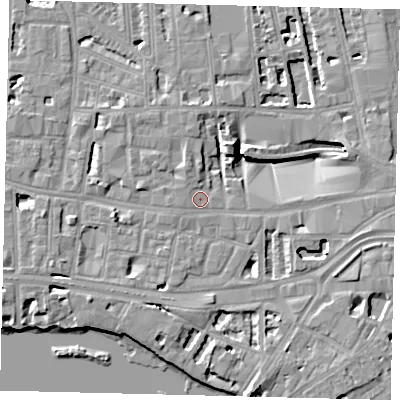 Shaded relief map of the ground around W60QP, computed from Environment Agency LiDAR. The ground here sits at about 5 m above sea level and falls 8 m across the surrounding 800 m. Surface water reaching this point runs off ground lying to the west-north-west, 0.7 m higher.