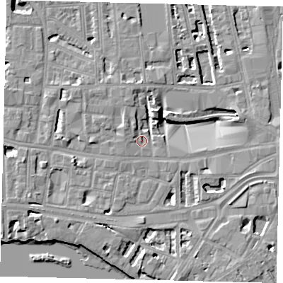 Shaded relief map of the ground around W60QR, computed from Environment Agency LiDAR. The ground here sits at about 5 m above sea level and falls 8 m across the surrounding 800 m. Surface water reaching this point runs off ground lying to the north-west, 2.1 m higher.