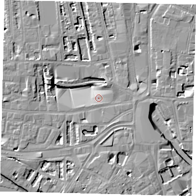 Shaded relief map of the ground around W60QS, computed from Environment Agency LiDAR. The ground here sits at about 4 m above sea level and falls 8 m across the surrounding 800 m. Surface water reaching this point runs off ground lying to the south-east, 4.6 m higher.