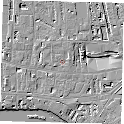 Shaded relief map of the ground around W60QT, computed from Environment Agency LiDAR. The ground here sits at about 5 m above sea level and falls 8 m across the surrounding 800 m. Surface water reaching this point runs off ground lying to the north-east, 1.7 m higher.