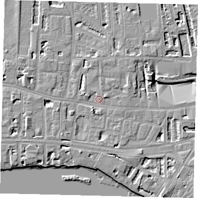 Shaded relief map of the ground around W60QU, computed from Environment Agency LiDAR. The ground here sits at about 5 m above sea level and falls 8 m across the surrounding 800 m. Surface water reaching this point runs off ground lying to the south-south-west, 2.6 m higher.