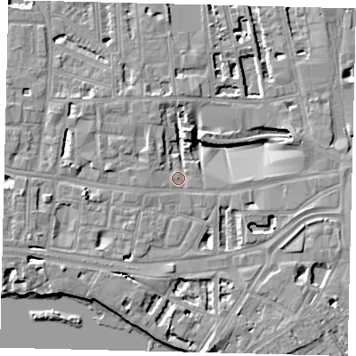 Shaded relief map of the ground around W60QW, computed from Environment Agency LiDAR. The ground here sits at about 5 m above sea level and falls 8 m across the surrounding 800 m. Surface water reaching this point runs off ground lying to the west, 0.8 m higher.
