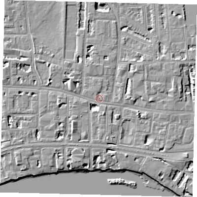 Shaded relief map of the ground around W60RA, computed from Environment Agency LiDAR. The ground here sits at about 5 m above sea level and falls 7 m across the surrounding 800 m. Surface water reaching this point runs off ground lying to the south-west, 4.6 m higher.