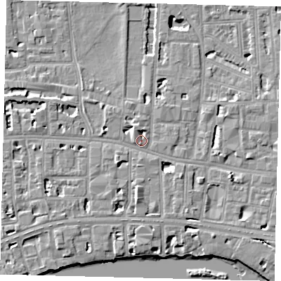 Shaded relief map of the ground around W60RF, computed from Environment Agency LiDAR. The ground here sits at about 5 m above sea level and falls 6 m across the surrounding 800 m. Surface water reaching this point runs off ground lying to the south, 4.6 m higher.