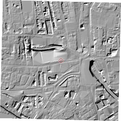 Shaded relief map of the ground around W60RG, computed from Environment Agency LiDAR. The ground here sits at about 5 m above sea level and falls 8 m across the surrounding 800 m. Surface water reaching this point runs off ground lying to the south-east, 4.1 m higher.