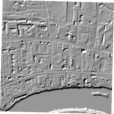 Shaded relief map of the ground around W60SE, computed from Environment Agency LiDAR. The ground here sits at about 6 m above sea level and falls 6 m across the surrounding 800 m. Surface water reaching this point runs off ground lying to the north-east, 1.9 m higher.