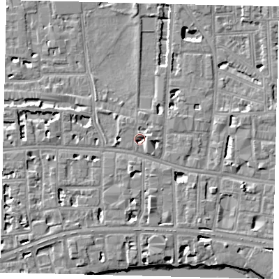 Shaded relief map of the ground around W60SL, computed from Environment Agency LiDAR. The ground here sits at about 5 m above sea level and falls 6 m across the surrounding 800 m. Surface water reaching this point runs off ground lying to the east, 3.0 m higher.