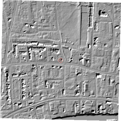 Shaded relief map of the ground around W60SP, computed from Environment Agency LiDAR. The ground here sits at about 5 m above sea level and falls 6 m across the surrounding 800 m. Surface water reaching this point runs off ground lying to the west-south-west, 3.6 m higher.