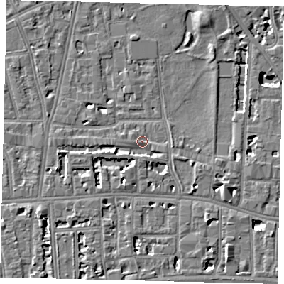 Shaded relief map of the ground around W60TQ, computed from Environment Agency LiDAR. The ground here sits at about 5 m above sea level and falls 6 m across the surrounding 800 m. Surface water reaching this point runs off ground lying to the west-south-west, 3.2 m higher.