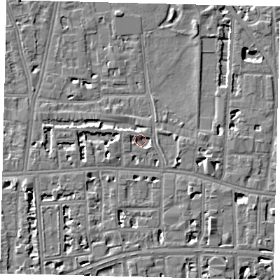 Shaded relief map of the ground around W60TS, computed from Environment Agency LiDAR. The ground here sits at about 5 m above sea level and falls 6 m across the surrounding 800 m. Surface water reaching this point runs off ground lying to the west-north-west, 2.8 m higher.