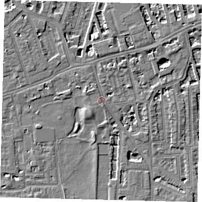 Shaded relief map of the ground around W60UA, computed from Environment Agency LiDAR. The ground here sits at about 5 m above sea level and falls 5 m across the surrounding 800 m. Surface water reaching this point runs off ground lying to the north, 1.4 m higher.