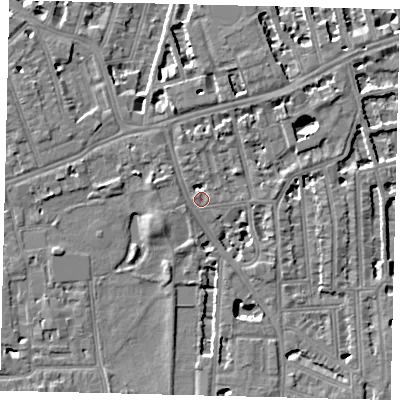 Shaded relief map of the ground around W60UB, computed from Environment Agency LiDAR. The ground here sits at about 5 m above sea level and falls 5 m across the surrounding 800 m. Surface water reaching this point runs off ground lying to the north, 1.4 m higher.