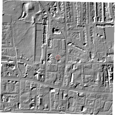 Shaded relief map of the ground around W60UD, computed from Environment Agency LiDAR. The ground here sits at about 5 m above sea level and falls 7 m across the surrounding 800 m. Surface water reaching this point runs off ground lying to the south-west, 1.5 m higher.