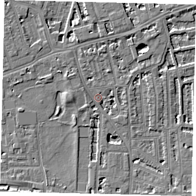 Shaded relief map of the ground around W60UF, computed from Environment Agency LiDAR. The ground here sits at about 4 m above sea level and falls 6 m across the surrounding 800 m. Surface water reaching this point runs off ground lying to the west, 5.3 m higher.