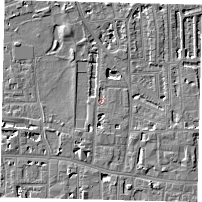 Shaded relief map of the ground around W60UG, computed from Environment Agency LiDAR. The ground here sits at about 4 m above sea level and falls 6 m across the surrounding 800 m. Surface water reaching this point runs off ground lying to the south-west, 2.6 m higher.