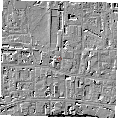 Shaded relief map of the ground around W60UH, computed from Environment Agency LiDAR. The ground here sits at about 5 m above sea level and falls 6 m across the surrounding 800 m. Surface water reaching this point runs off ground lying to the south, 4.6 m higher.
