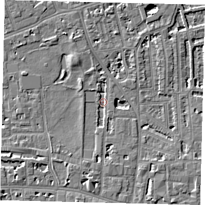 Shaded relief map of the ground around W60UJ, computed from Environment Agency LiDAR. The ground here sits at about 3 m above sea level and falls 6 m across the surrounding 800 m. Surface water reaching this point runs off ground lying to the south-south-west, 3.0 m higher.
