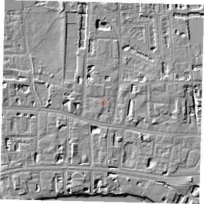 Shaded relief map of the ground around W60UN, computed from Environment Agency LiDAR. The ground here sits at about 5 m above sea level and falls 7 m across the surrounding 800 m. Surface water reaching this point runs off ground lying to the south-south-west, 5.4 m higher.