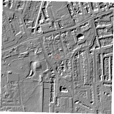 Shaded relief map of the ground around W60UP, computed from Environment Agency LiDAR. The ground here sits at about 5 m above sea level and falls 5 m across the surrounding 800 m. Surface water reaching this point runs off ground lying to the north-north-east, 2.8 m higher.