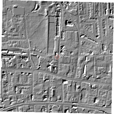 Shaded relief map of the ground around W60UQ, computed from Environment Agency LiDAR. The ground here sits at about 5 m above sea level and falls 6 m across the surrounding 800 m. Surface water reaching this point runs off ground lying to the west, 2.1 m higher.