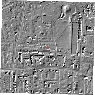 Shaded relief map of the ground around W60UU, computed from Environment Agency LiDAR. The ground here sits at about 5 m above sea level and falls 6 m across the surrounding 800 m. Surface water reaching this point runs off ground lying to the west-south-west, 3.3 m higher.