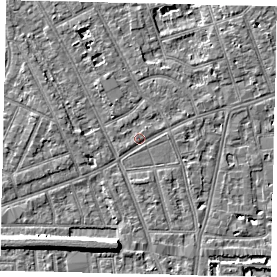Shaded relief map of the ground around W60XL, computed from Environment Agency LiDAR. The ground here sits at about 5 m above sea level and falls 9 m across the surrounding 800 m. Surface water reaching this point runs off ground lying to the west-north-west, 2.0 m higher.