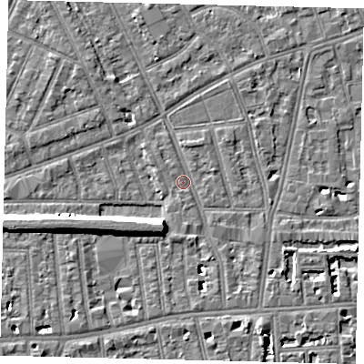 Shaded relief map of the ground around W60XT, computed from Environment Agency LiDAR. The ground here sits at about 5 m above sea level and falls 9 m across the surrounding 800 m. Surface water reaching this point runs off ground lying to the south-south-west, 8.5 m higher.