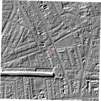 Shaded relief map of the ground around W60XW, computed from Environment Agency LiDAR. The ground here sits at about 5 m above sea level and falls 9 m across the surrounding 800 m. Surface water reaching this point runs off ground lying to the south, 8.3 m higher.