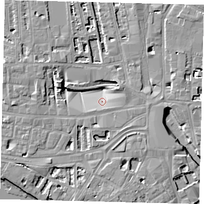 Shaded relief map of the ground around W60YL, computed from Environment Agency LiDAR. The ground here sits at about 3 m above sea level and falls 8 m across the surrounding 800 m. Surface water reaching this point runs off ground lying to the east-south-east, 5.5 m higher.