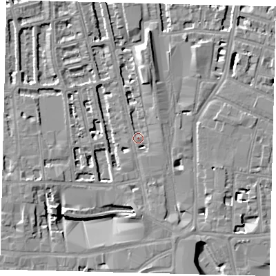Shaded relief map of the ground around W67HA, computed from Environment Agency LiDAR. The ground here sits at about 4 m above sea level and falls 8 m across the surrounding 800 m. Surface water reaching this point runs off ground lying to the north-east, 3.9 m higher.