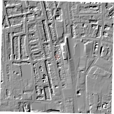 Shaded relief map of the ground around W67HB, computed from Environment Agency LiDAR. The ground here sits at about 3 m above sea level and falls 8 m across the surrounding 800 m. Surface water reaching this point runs off ground lying to the east-south-east, 6.7 m higher.