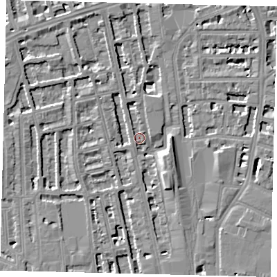 Shaded relief map of the ground around W67HE, computed from Environment Agency LiDAR. The ground here sits at about 3 m above sea level and falls 8 m across the surrounding 800 m. Surface water reaching this point runs off ground lying to the south-south-east, 7.4 m higher.