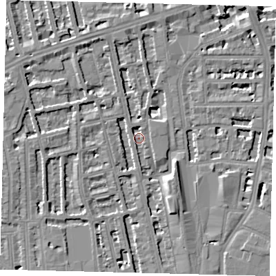 Shaded relief map of the ground around W67HF, computed from Environment Agency LiDAR. The ground here sits at about 3 m above sea level and falls 8 m across the surrounding 800 m. Surface water reaching this point runs off ground lying to the north-west, 5.2 m higher.