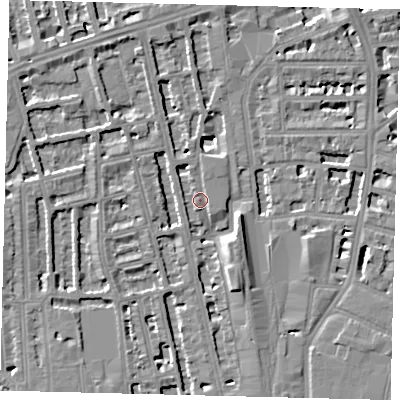 Shaded relief map of the ground around W67HS, computed from Environment Agency LiDAR. The ground here sits at about 4 m above sea level and falls 8 m across the surrounding 800 m. Surface water reaching this point runs off ground lying to the north-west, 5.0 m higher.