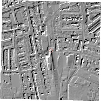 Shaded relief map of the ground around W67PP, computed from Environment Agency LiDAR. The ground here sits at about 6 m above sea level and falls 8 m across the surrounding 800 m. Surface water reaching this point runs off ground lying to the south, 7.4 m higher.